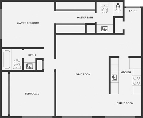 A floor plan of a house with a master bedroom, two bathrooms, a living room, a dining room, a kitchen, and a bedroom 2.